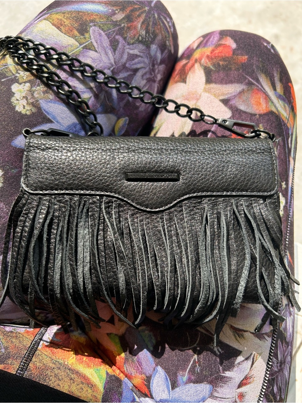 Rebecca Minkoff Black Leather Fringe Phone Crossbody Bag
